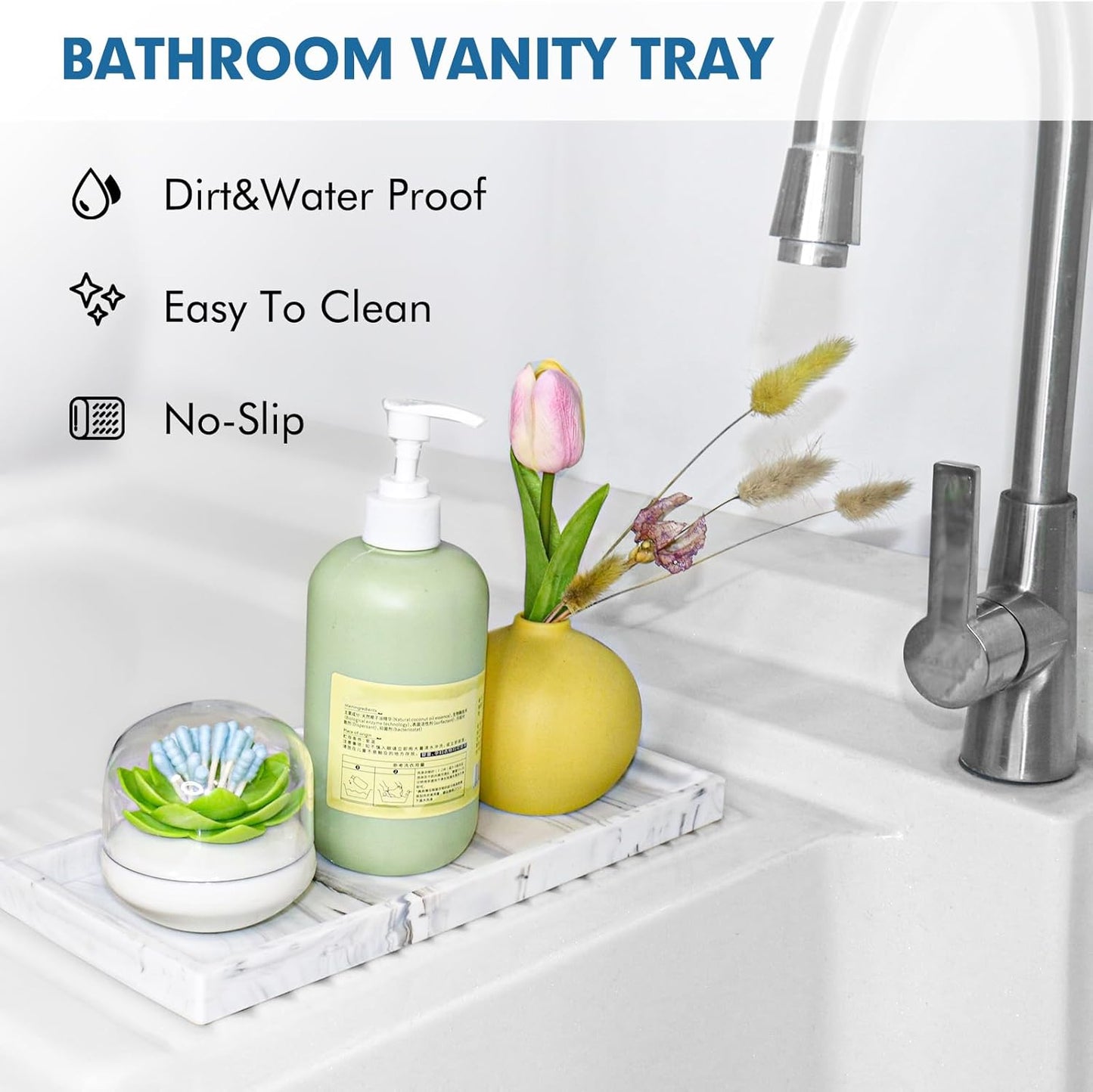 Bloss Counter Marble Tray and Soap Holder - 15.7" Silicone Bathroom Vanity Trays for Kitchen Counter, Toilet Tank Tray, Great Storage Trays for Perfume, Jewelry,Candle, Key