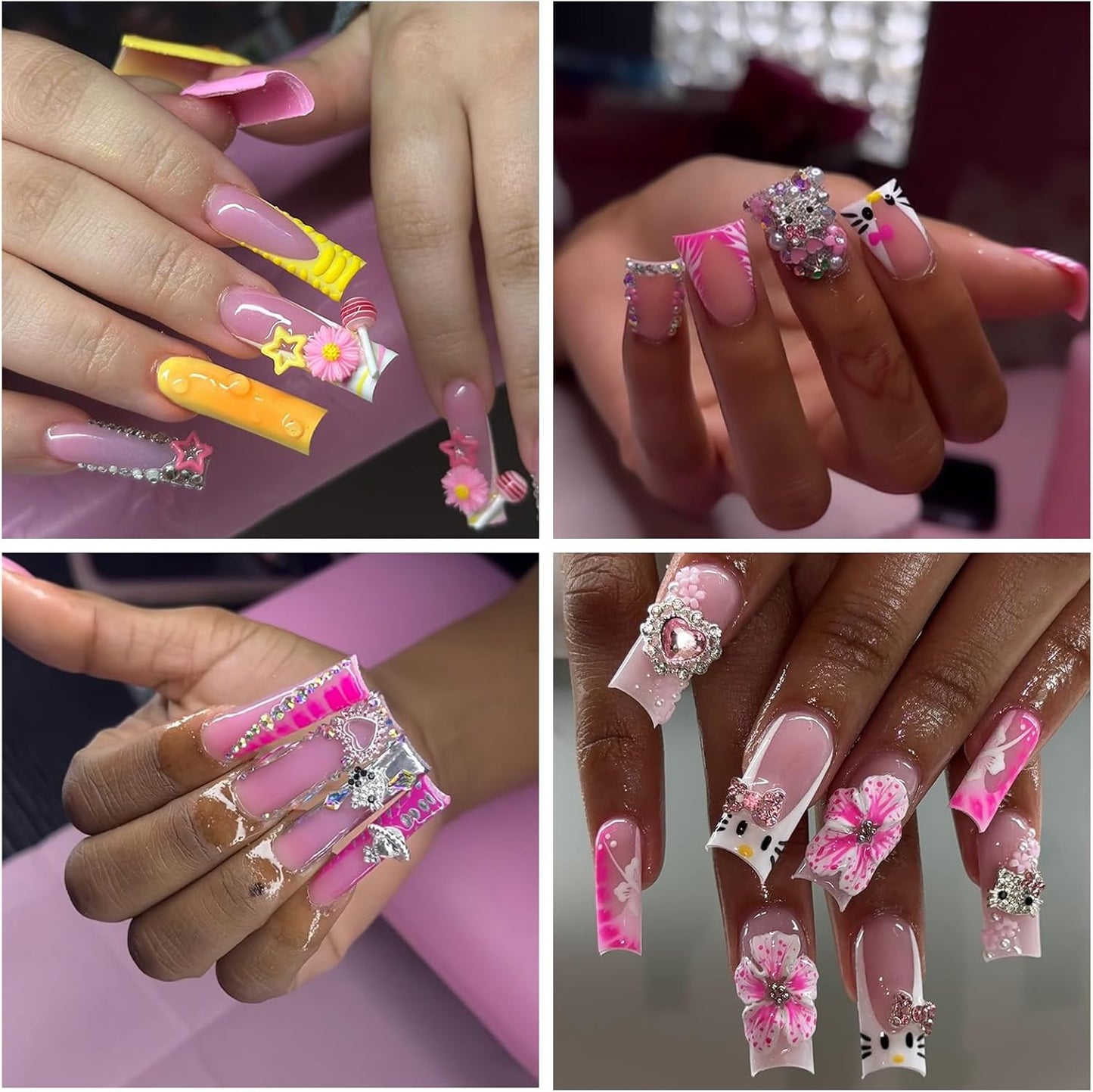 124PCS Nail Charms for Acrylic Nails - Silver Jewels Cat Bow Planet Gun Dollar Sign Star Cross Resin Flower Candy Accessories for Art Supplies Manicure Craft DIY