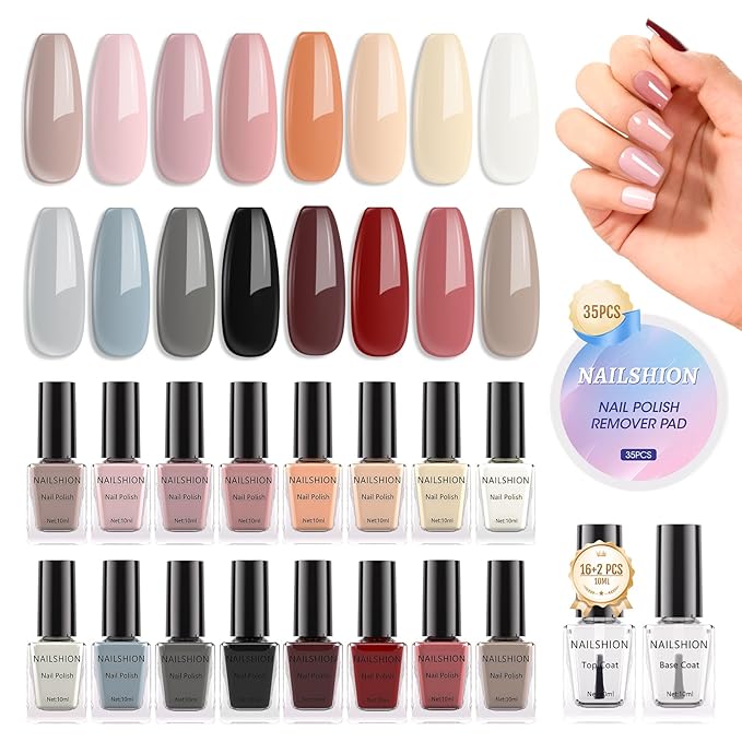 Coffee Brown Nail Polish,16 Colors with Base Top Coat Remover Pads, Nude Gray Burgundy Dusty Rose Air Dry Fall Winter Fingernail Polish Set, Non-Gel, Nail Art Gift for Women Girls