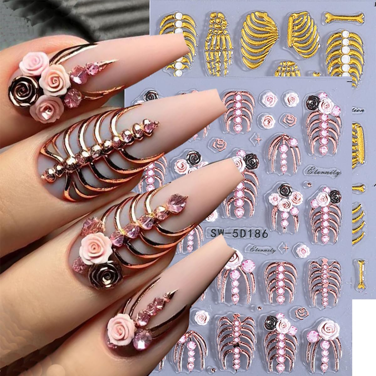 3 Sheets Embossed Halloween Nail Art Stickers Decals Gold Pink White Self-Adhesive Nail Stickers Design 5D Horror Bone Skull Hand Nail Decals for Women DIY Manicure Halloween Party Nails Decoration
