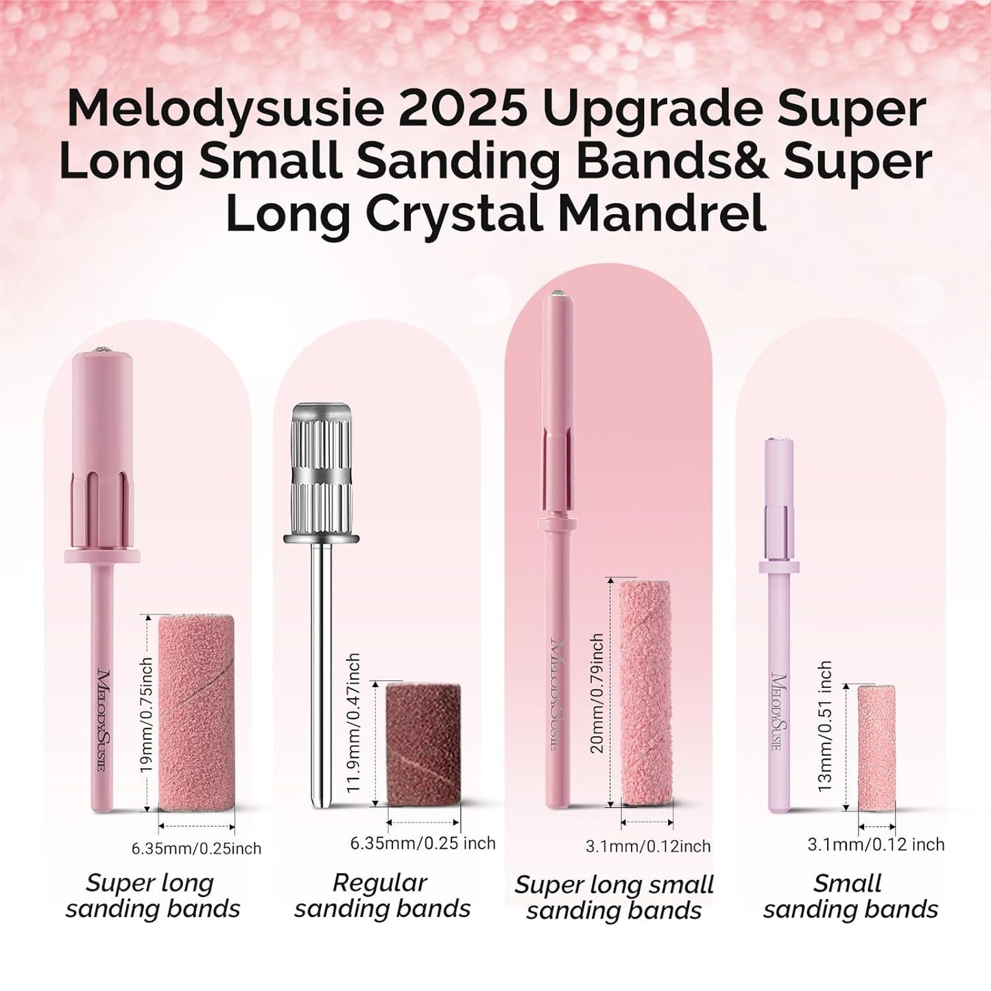 MelodySusie 50 Pcs Nail Drill Bits Super Long Small Sanding Bands with 3.1mm Crystal Mandrel Bit, 120 Medium Grit Nail File for Acrylic Nails Gel Manicures and Pedicure, Pink
