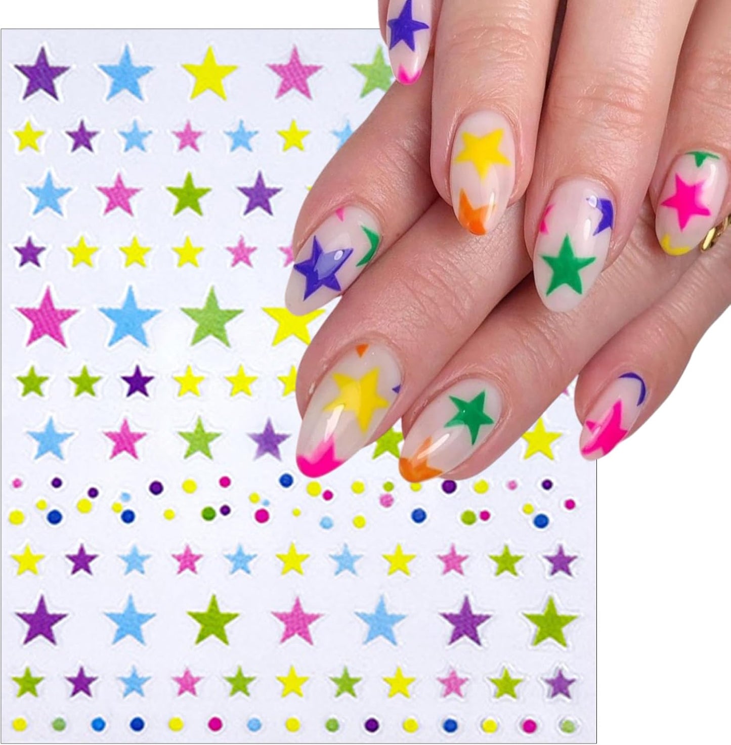 6 Sheets Sparkling Colorful Five-Pointed Star Nail Art Stickers 3D Self-Adhesive Heart Nail Sticker Colorful Summer Flower Design Nail Decals Supplies for Women Girls DIY Manicure Decoration