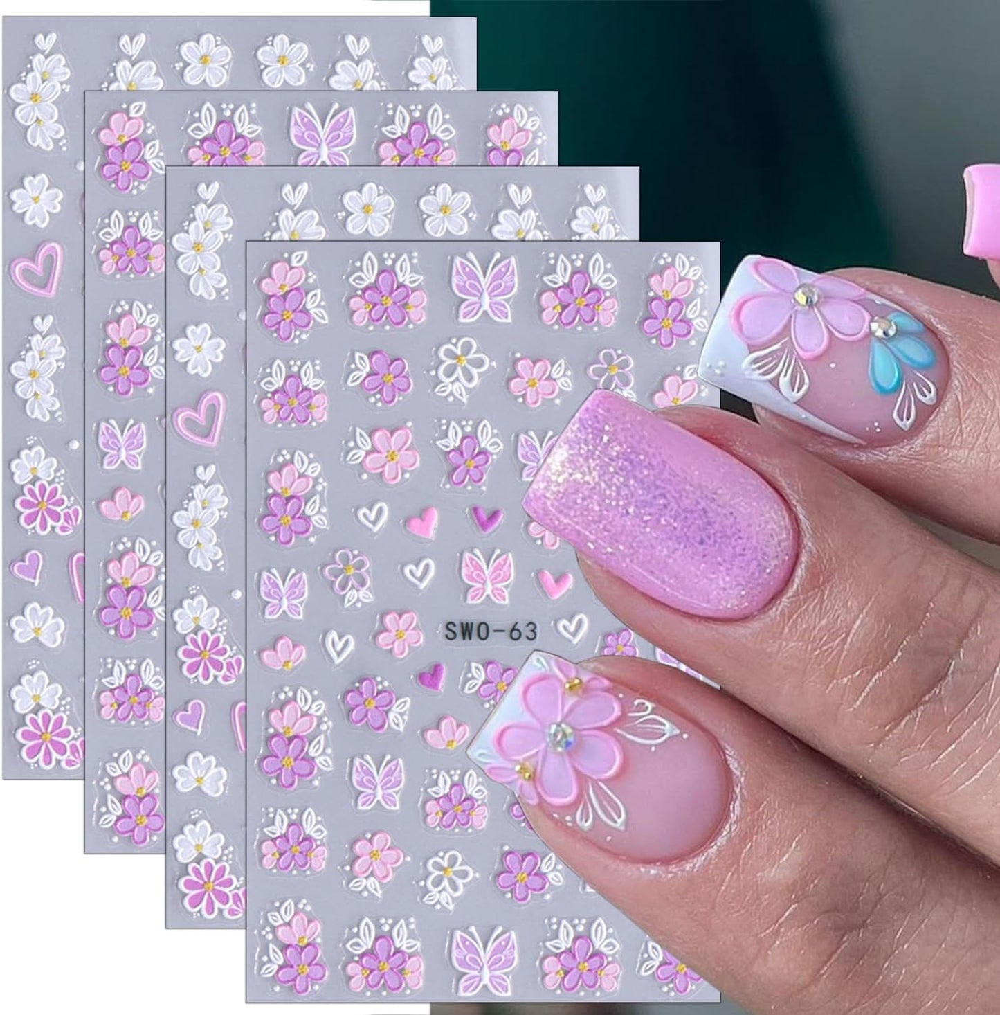 4 Sheets Flower Nail Stickers for Nail Art Embossed Floral Butterfly Nail Decals 5D Self-Adhesive Heart Butterfly Nail Design Decals Pink White Flowers Nail Art Stickers for Women Girls Nail Decor