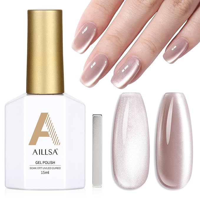 AILLSA Cat Eye Gel Nail Polish Nude Glitter Crystal Polish with Magnet, Glass Sparkle Nail Polish Reflective Shimmer Translucent Jelly Color U V Gel Salon DIY at Home 0.5 OZ GF26