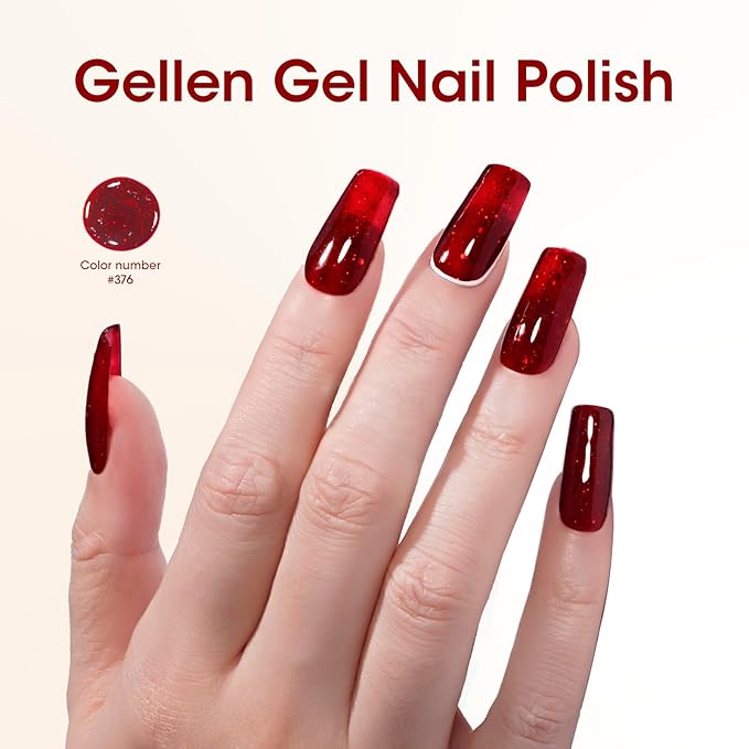 Gellen Red Glitter Gel Polish, 18ml Cherry Red Gel Nail Polish for Salon DIY, Soak off U V LED Cured Art Nail Polish, Color No.376