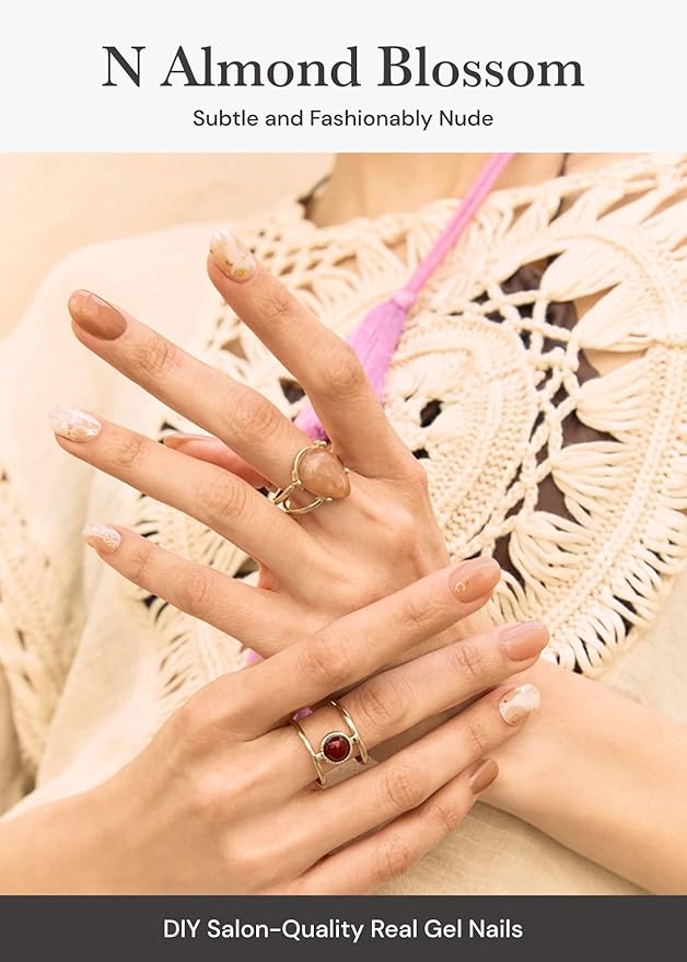 ohora Semi Cured Gel Nail Strips (N Almond Blossom) - Nude, Patterned, Works with Any UV/LED Lamps, Salon-Quality, Long Lasting, Easy to Apply & Remove - Includes 2 Prep Pads, Nail File & Wooden Stick