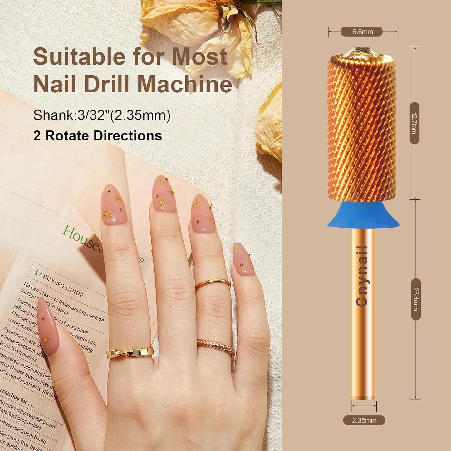 3/32" Large Barrel Crystal Top Tungsten Carbide Nail Drill Bit Safety Bit for Gel & Acrylic Removal, 2-Way Rotating Efile Tip, Salon Electric File Accessory (M Grit, Ti-Gold)