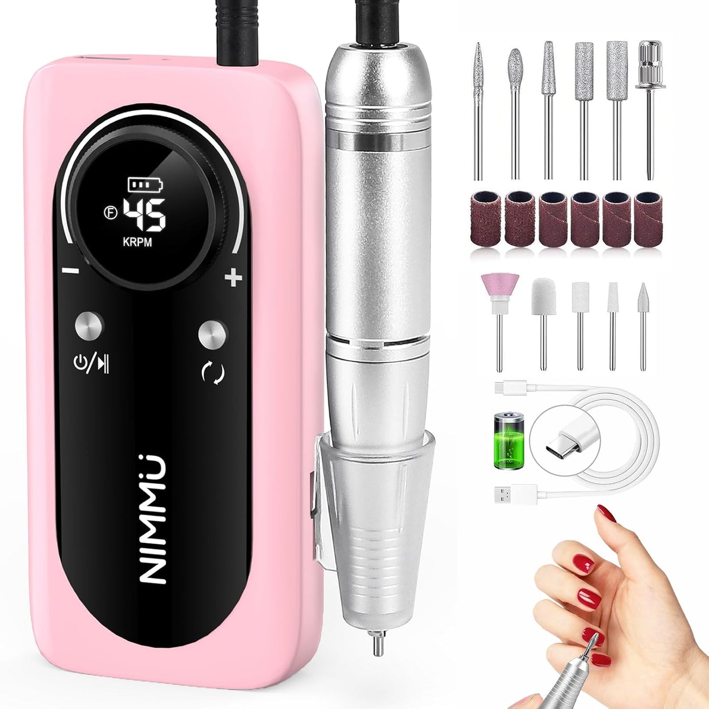 Nimmu Portable Nail Drill Professional, 45000RPM Electric Nail File for Acrylic Nail Remove Gel Polish, Rechargeable Nail Drill Machine with 11 Bits Kit for Manicure Salon Home (Pink)