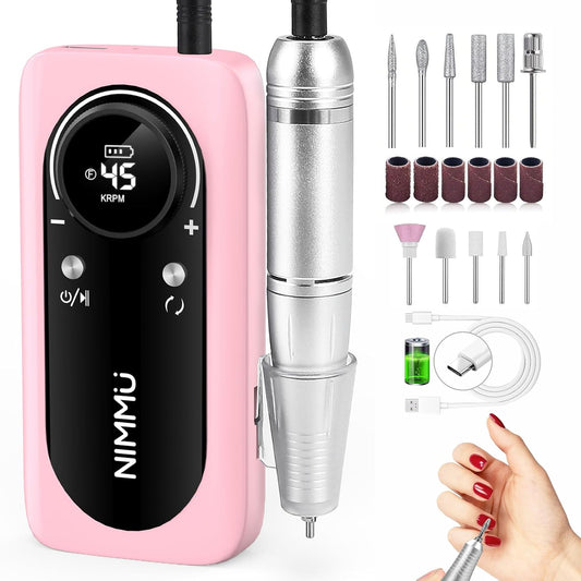 Nimmu Portable Nail Drill Professional, 45000RPM Electric Nail File for Acrylic Nail Remove Gel Polish, Rechargeable Nail Drill Machine with 11 Bits Kit for Manicure Salon Home (Pink)