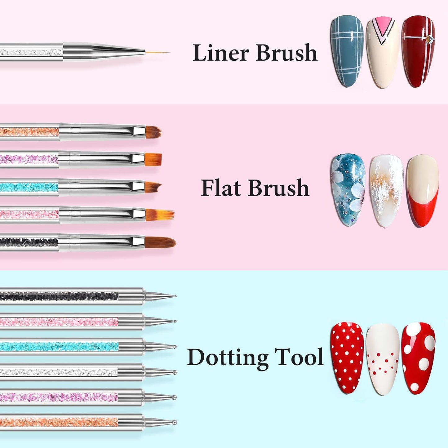 Yokilly Acrylic Nail Art Brush Set, 6 PCS Double-Sided Nail Polish Brush & 4PCS Crystal Dappen Dish for Acrylic Nails, Nail Liner Brush & Glass Container Manicure Cup Nail Art Tool