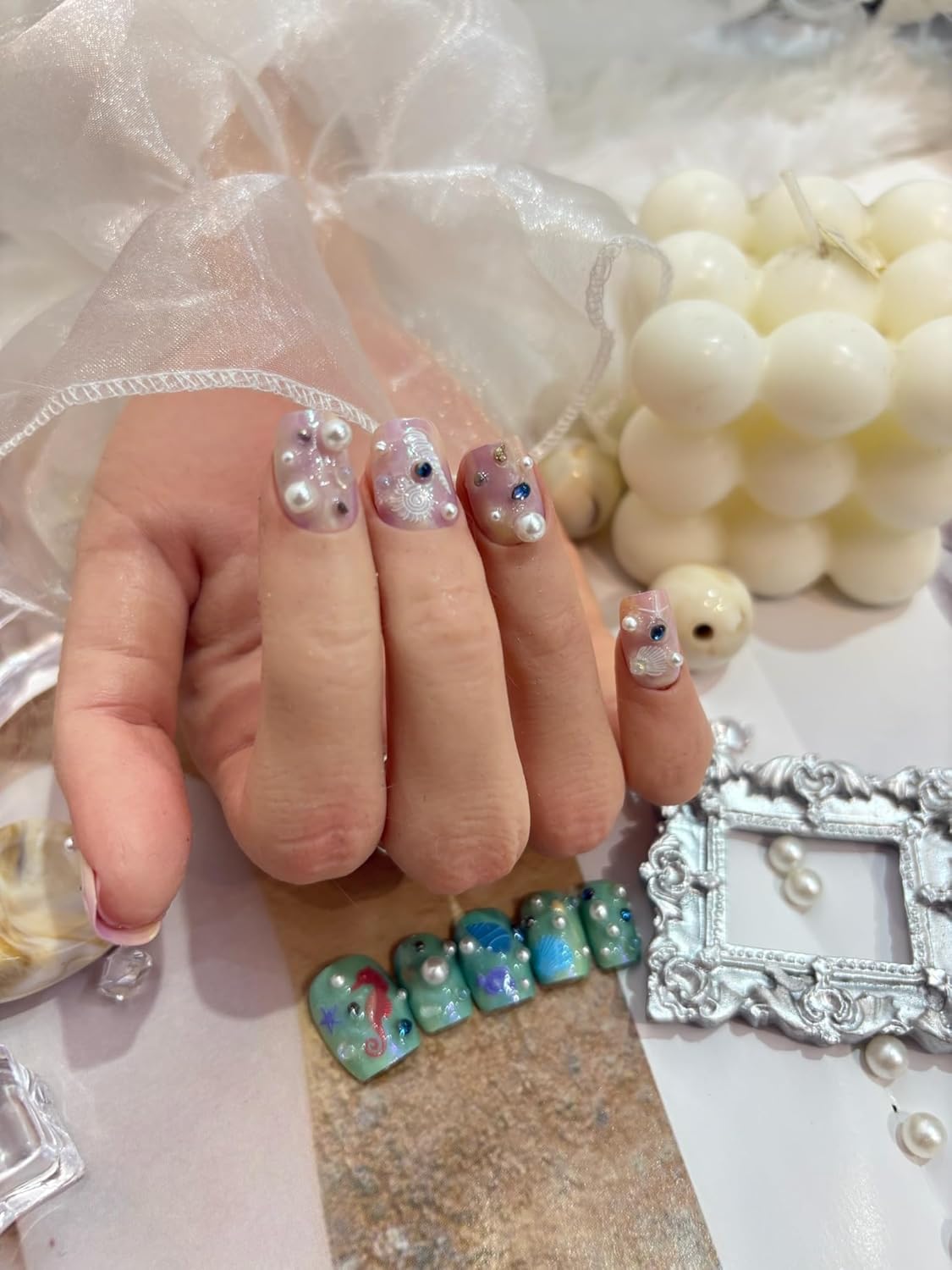 Summer Ocean Style 5D Embossed Dream Shell Starfish Jellyfish Beach Nail Stickers - DIY Nail Art Decorations for Summer Vacation A Set of 3 Sheets