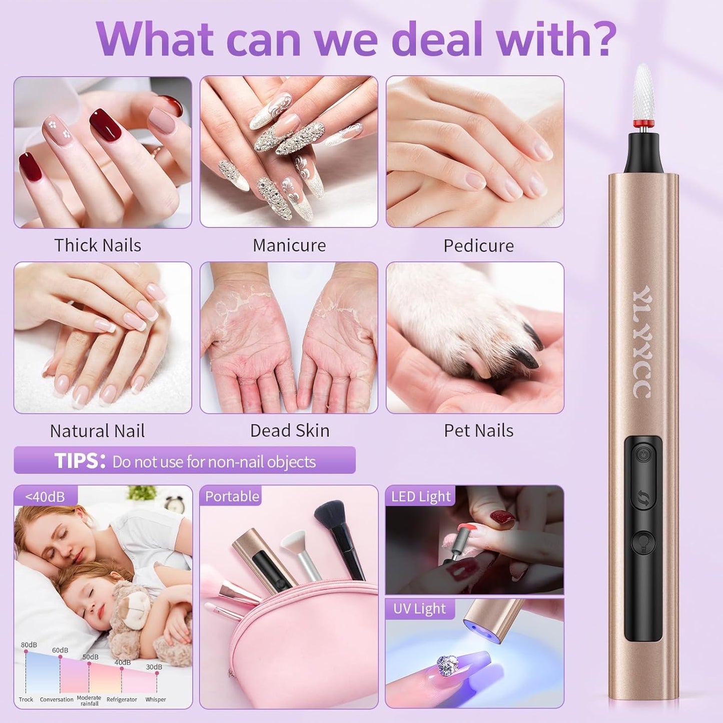 Cordless Nail Drill Electric Nail File with UV Lamp:Professional for Acrylic Gel Dip Powder Nails Portable Nail Kit Machine Tools for Women Girl Manicure Pedicure Set Rechargeable Lightweight