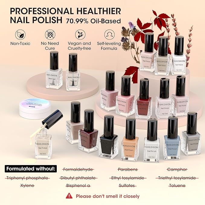 Coffee Brown Nail Polish,16 Colors with Base Top Coat Remover Pads, Nude Gray Burgundy Dusty Rose Air Dry Fall Winter Fingernail Polish Set, Non-Gel, Nail Art Gift for Women Girls
