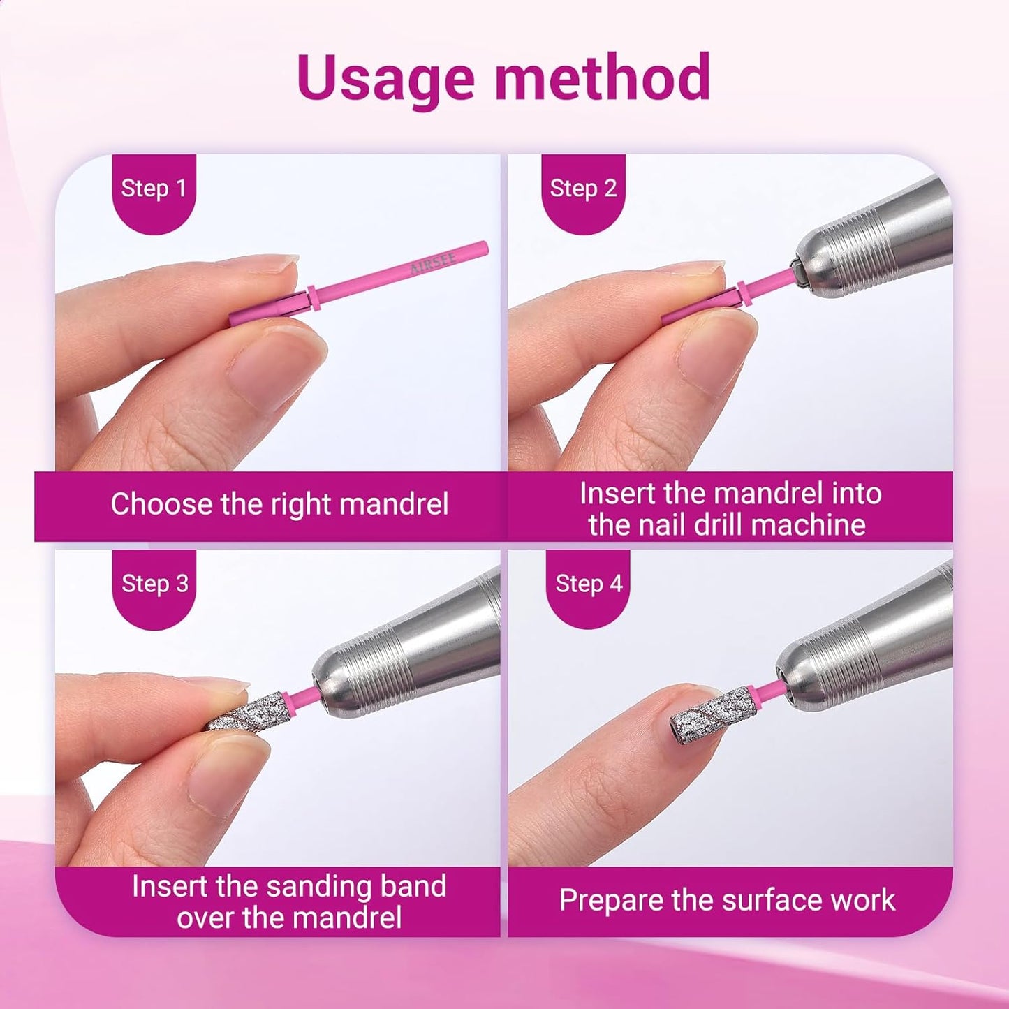 AIRSEE 3.1mm Small Nail Drill Mandrel Bits for Mini Efile Sanding Bands, Stainless Steel Professional Electric Head Clean Remove Cuticle Removing, Acrylic Manicure Sander Safety (Pistil Pink)