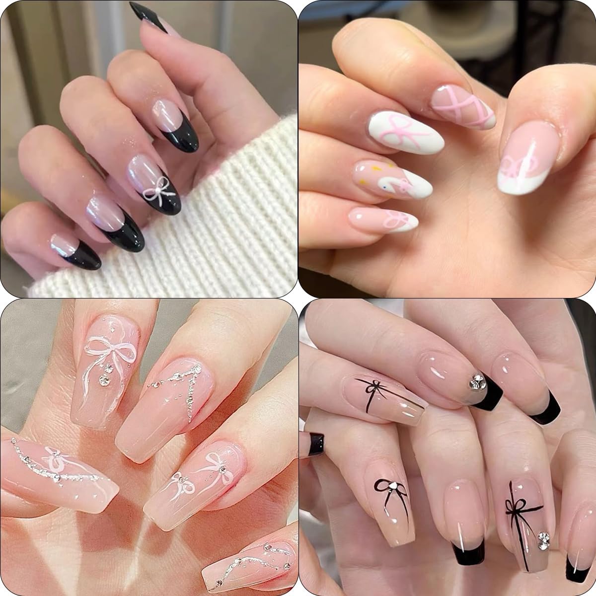 6Sheets Star Bow Nail Stickers 3D Self Adhesive Black White Pink Bows Heart Nail Decals Lace French Tip Nails Art Stickers Cute Bow Charms Sticker Star Nails Design Supplies for Women Girls Manicure