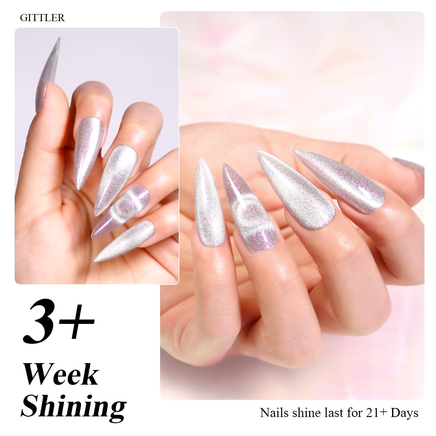 Imtiti Cat Eye Gel Nail Polish, 15ML Silver Holographic Glitter Cat Eye Gel Polish with Magnet UV LED Magnetic Crystal Galaxy Sparkly Home DIY Manicure