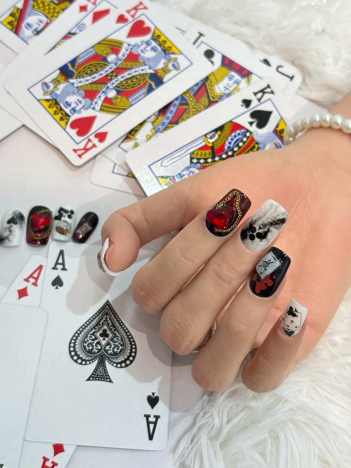 3D Self-Adhesive Nail Stickers - Poker Theme with Hearts & Diamonds, Trendy Fashion Nail Art Designs for Women A Set of 2 Sheets