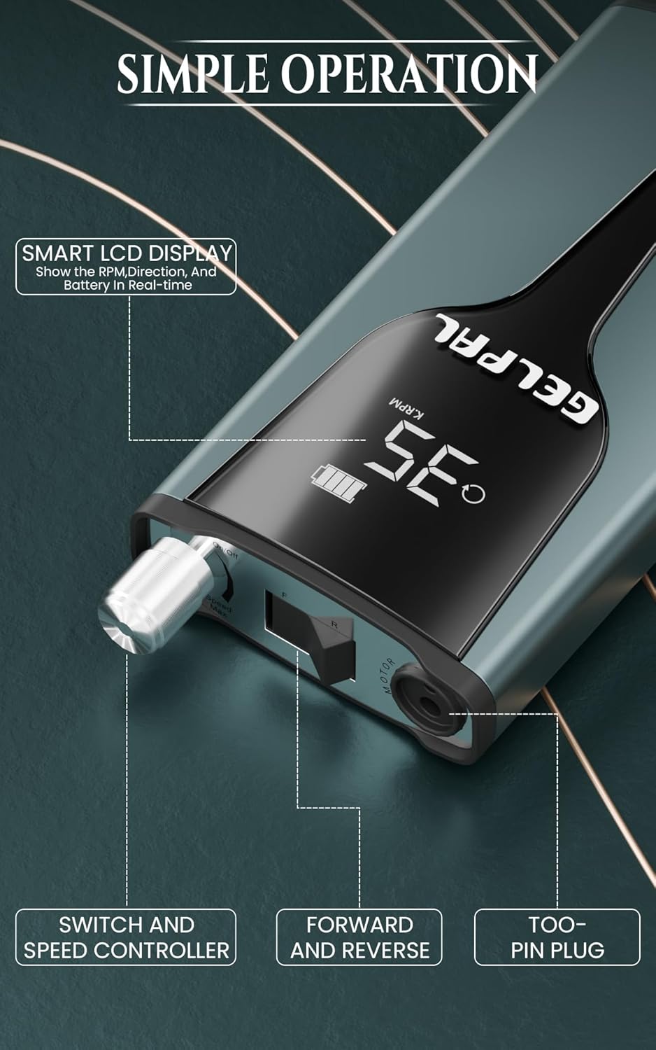 Rechargeable Nail Drill - Brushless Motor - Electric Nail Drill for Acrylic Nails Professional,35000RPM Electric Nail File,Cordless for Home Salon, Low Noise, Low Heat, Blue Grey