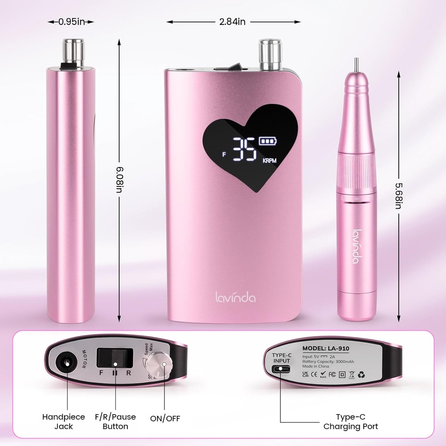 Lavinda Electric Nail Drill Machine, 35000RPM Professional Nail File Cordless Rechargeable Nail Efile for Acrylic Gel Nails (Pink 910)