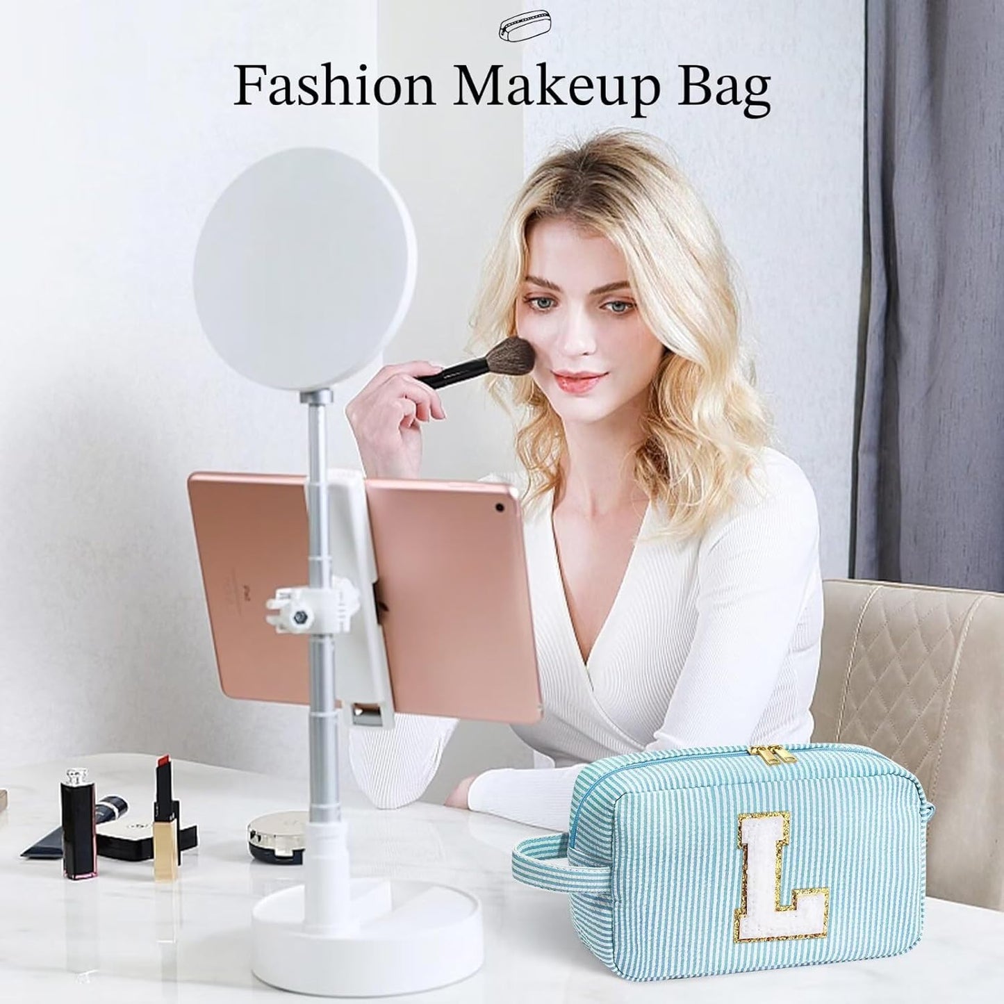 YOOLIFE Initial Makeup Bag - Personalized Monogram Cute Blue Makeup Bags, Girls Makeup Toiletry Bag Pouch, Make Up Case for Women Her Mom Best Friend Female Sister Teacher, Birthday Gifts for Women P