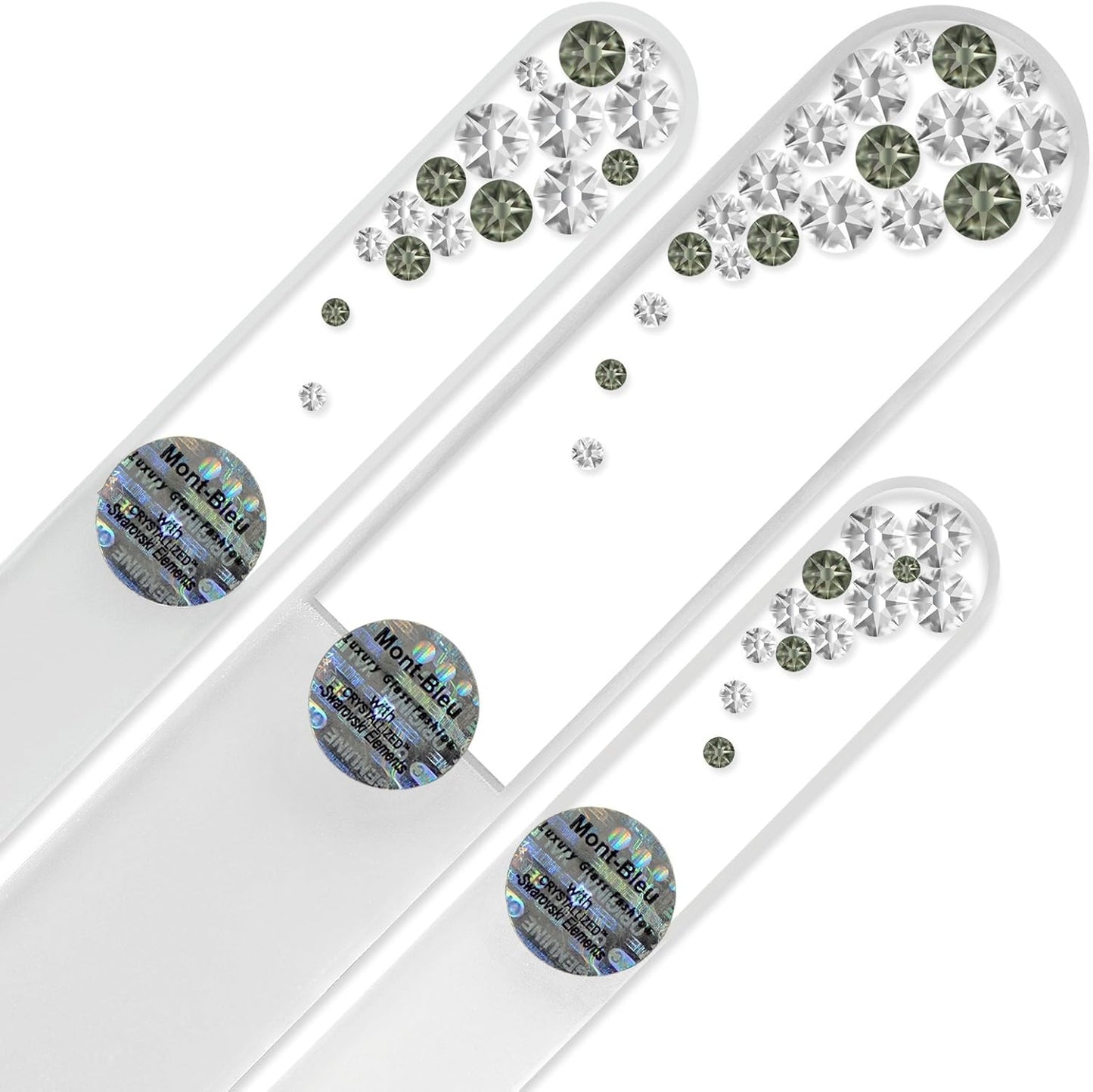 Mont Bleu Set of 3 Glass Nail Files Hand Decorated with Crystals - in Black Velvet Sleeve - Genuine Czech Tempered Glass - Handmade Crystal Nail Files