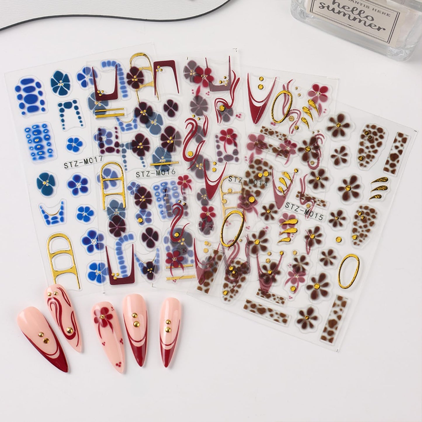 4 Sheets Flower Nail Art Stickers Decals Red Brown Blue Flowers Nail Stickers 3D Embossed Self-Adhesive French Tip Gold Line Nail Decals for Women
