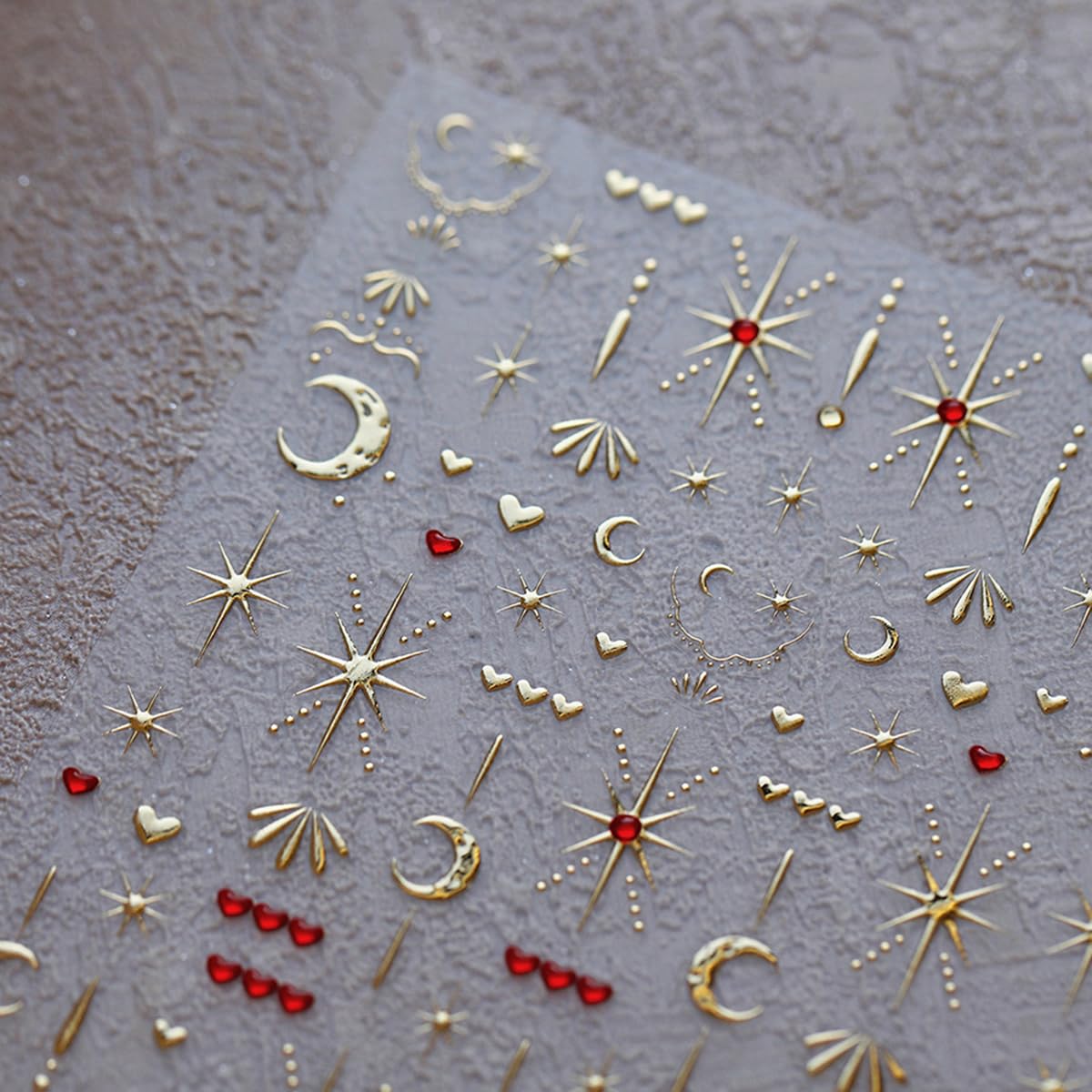 Star Moon Nail Art Stickers Decals 5D Gold Bronzing Embossed Nail Stickers 1PCS Red Heart Star Moon Luxury Nails Design Jelly Nails Adhesive Decals Manicure Supply for Women DIY Nail Art Decorations