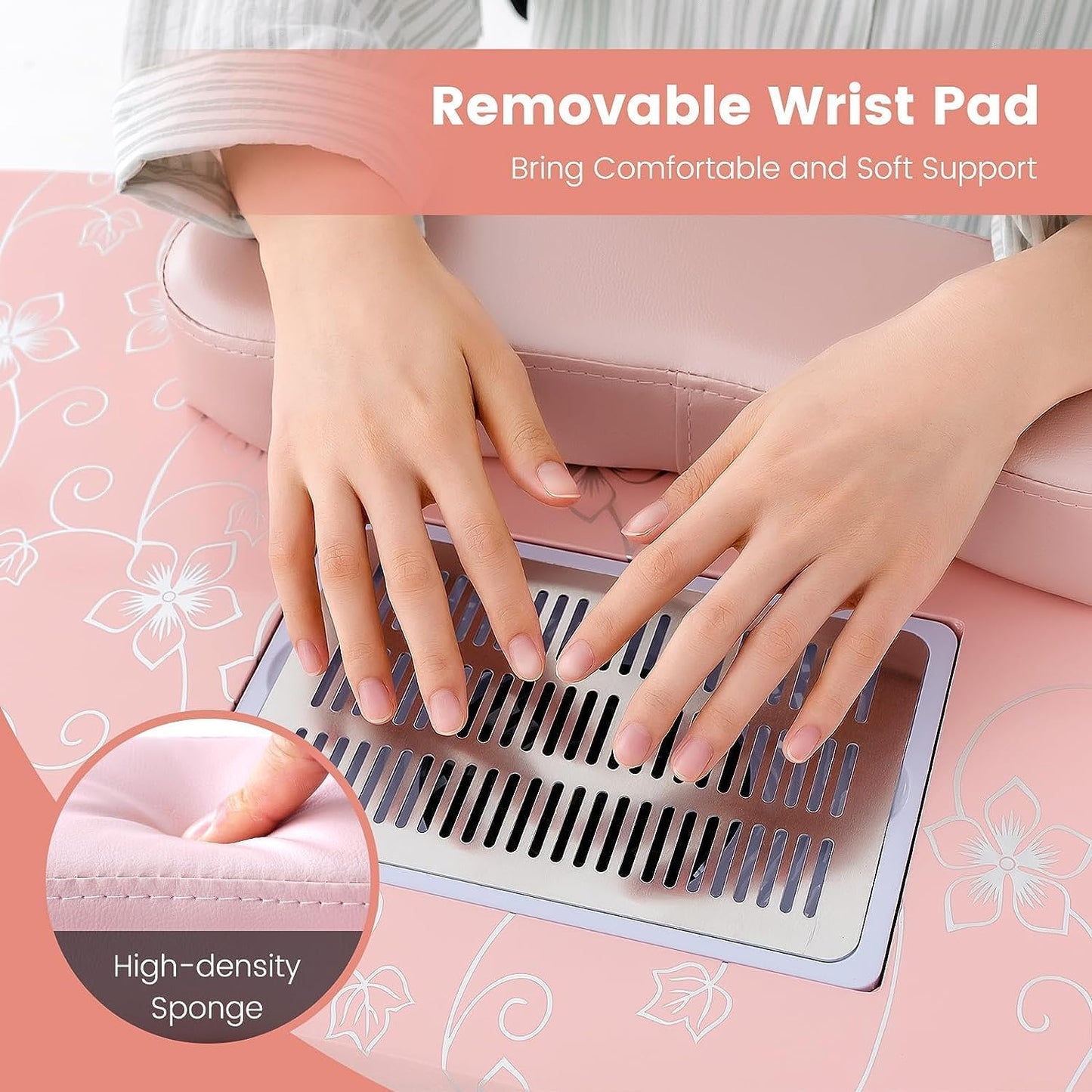 GOFLAME Manicure Nail Table, Foldable Nail Technician Desk w/Electric Downdraft Vent, Bendable LED Lamp, Removable Armrest Pad, Dust Bag, Manicure Table with Lockable Wheels for Home, Salon, Pink