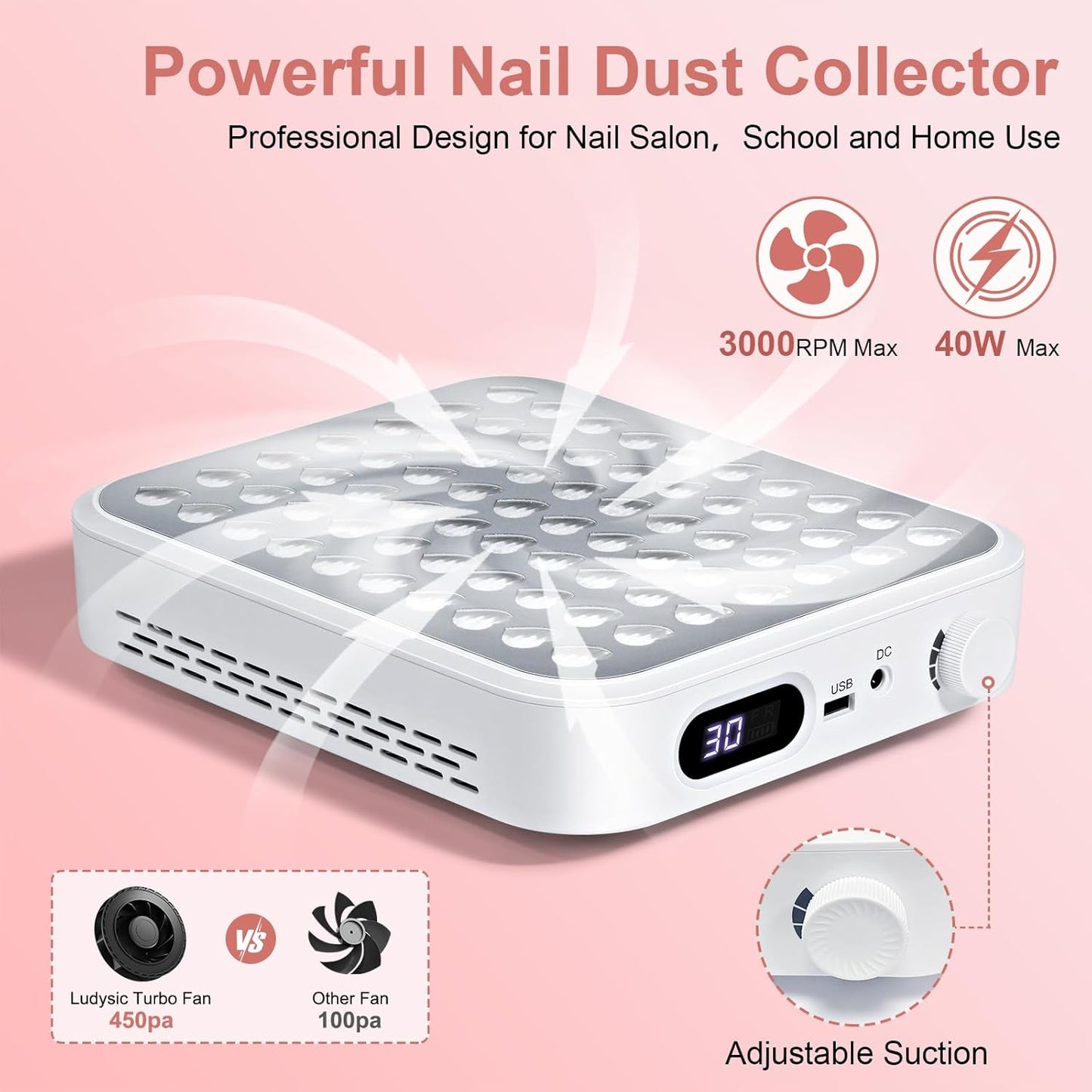 Nail Dust Collector with 2 Reusable Filters,Dust Collector Quiet for Nail Tech Art, Powerful Nail Fan and Dust Collector,Nail Vacuum Cleaner for Salon and Home (White)
