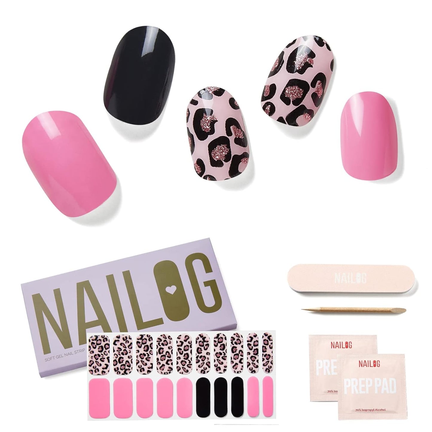 NAILOG Semi Cured Gel Nail Strips (20 Extra Long Polish Stickers/Wraps) │ Glossy & Long Lasting Soft Gel Finishing │Pink Leopard
