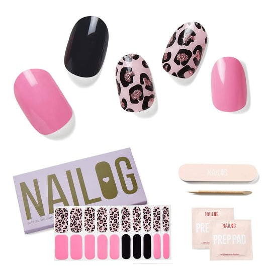 NAILOG Semi Cured Gel Nail Strips (20 Extra Long Polish Stickers/Wraps) │ Glossy & Long Lasting Soft Gel Finishing │Pink Leopard