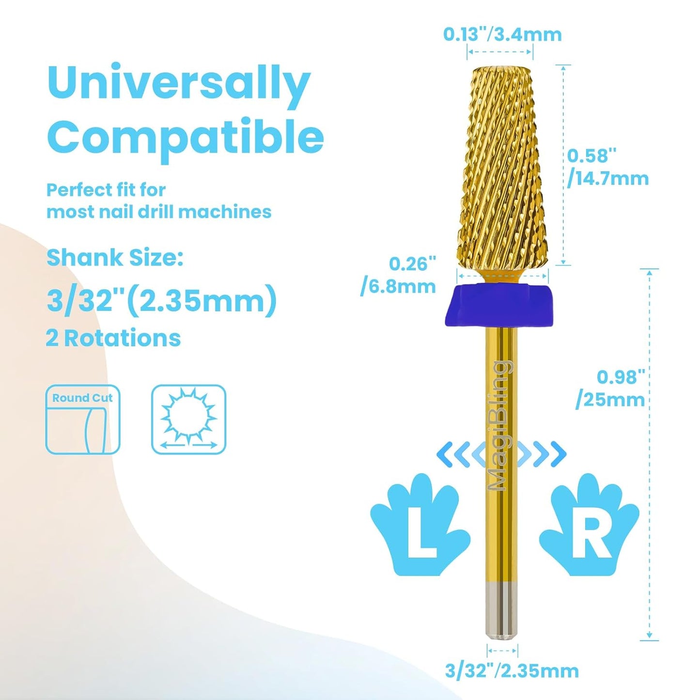 Professional 5 in 1 Tapered Nail Drill Bits, 3/32'' Safety Tungsten Carbide Bits, Remove Gel Fast Left & Right Hand Use, Easy for Beginner, Technicians Bits, Gold, Medium.