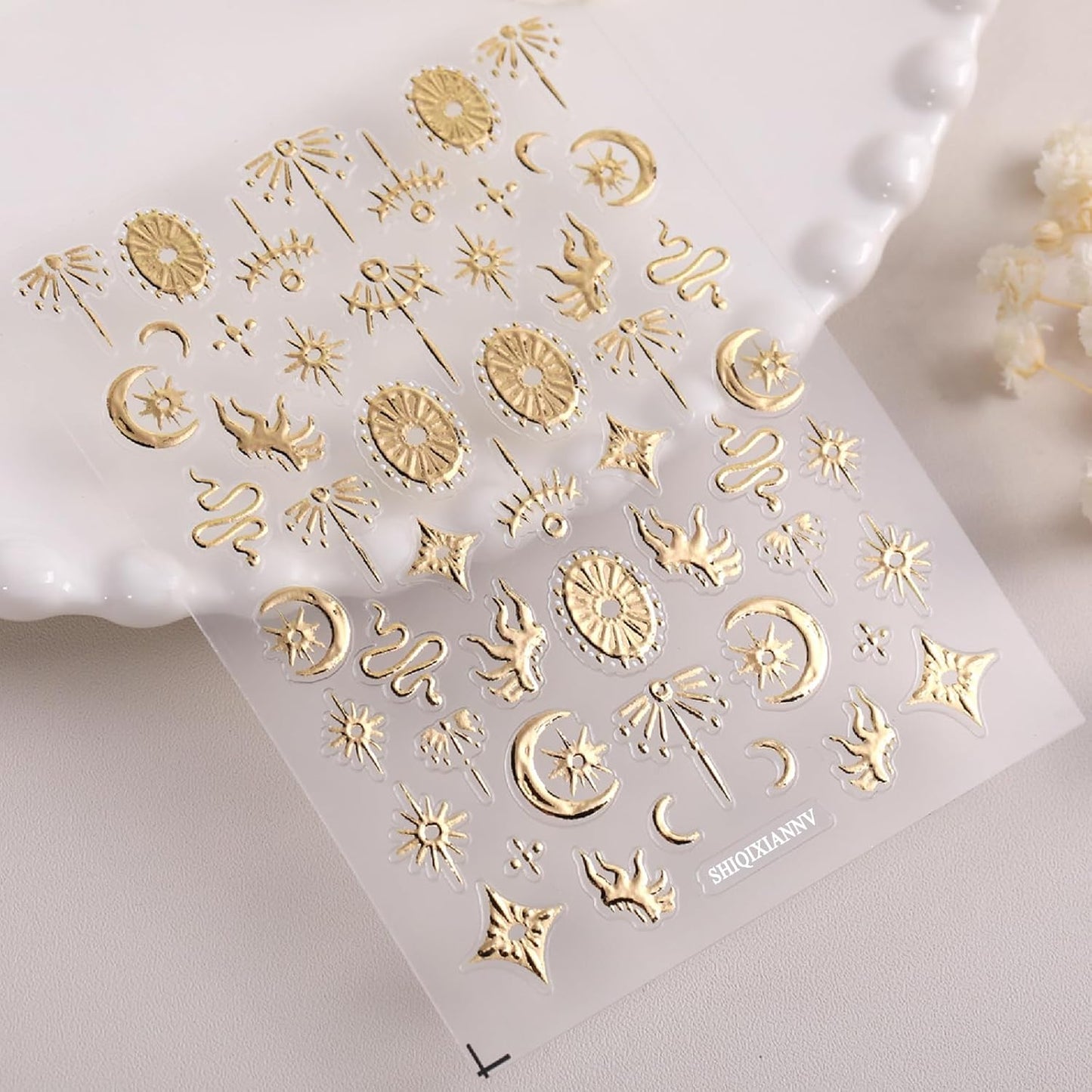 Gold Snake Nail Art Stickers 5D Self-Adhesive Embossed Moon Sun Pattern Design Nail Decals Retro Gilded Snake Nail Supplies for Women Girls DIY Summer Manicure Decoration Exquisite Cardboard 1 Sheet