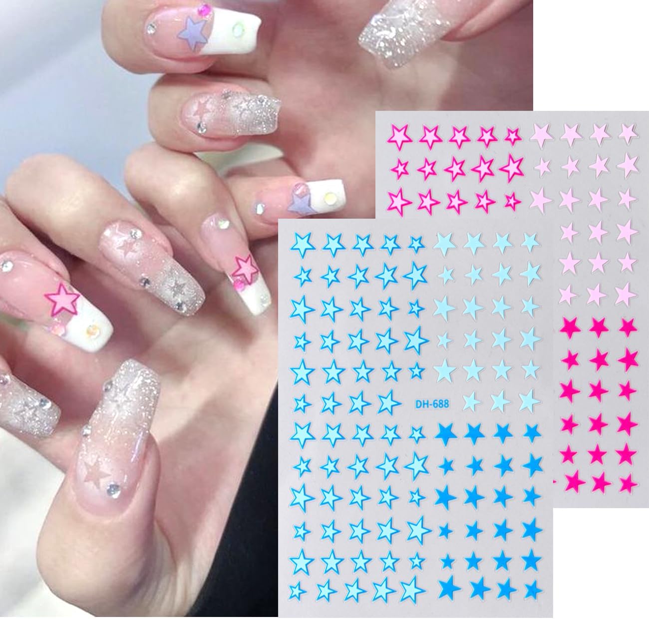 6Sheets Star Nail Art Stickers 3D Nail Decals with Shiny Colorful Five Pointed Star DIY Design Stars-Shaped Nail Adhesive Slider Accessory Manicure Decoration for Women Daily Wear