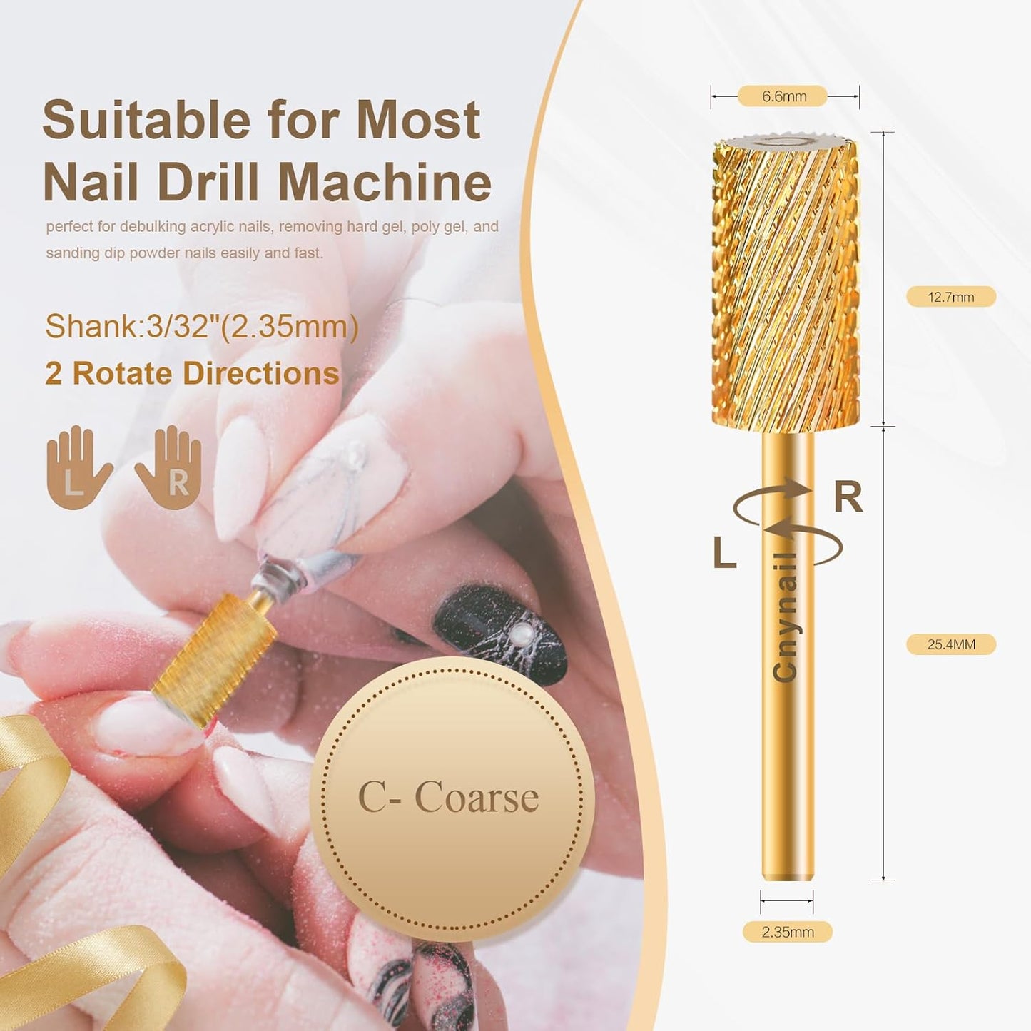 3/32" Large Barrel Flat Top Tungsten Carbide Nail Drill Bit Safety Bit for Gel & Acrylic Removal, 2-Way Rotating Efile Tip, Salon Electric File Accessory (C Grit, Gold)