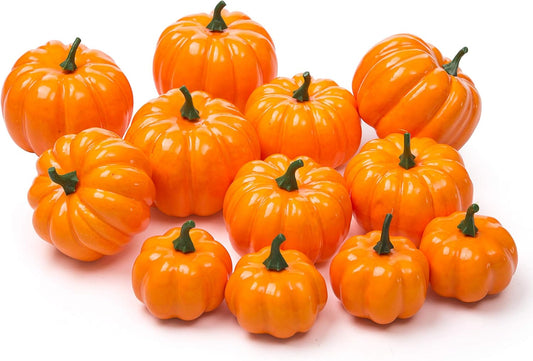Ogrmar 12 Pack Artificial Assorted Pumpkins, Mini Fake Pumpkins Artificial Vegetables for Halloween,Harvest Thanksgiving Party Decor(Orange)