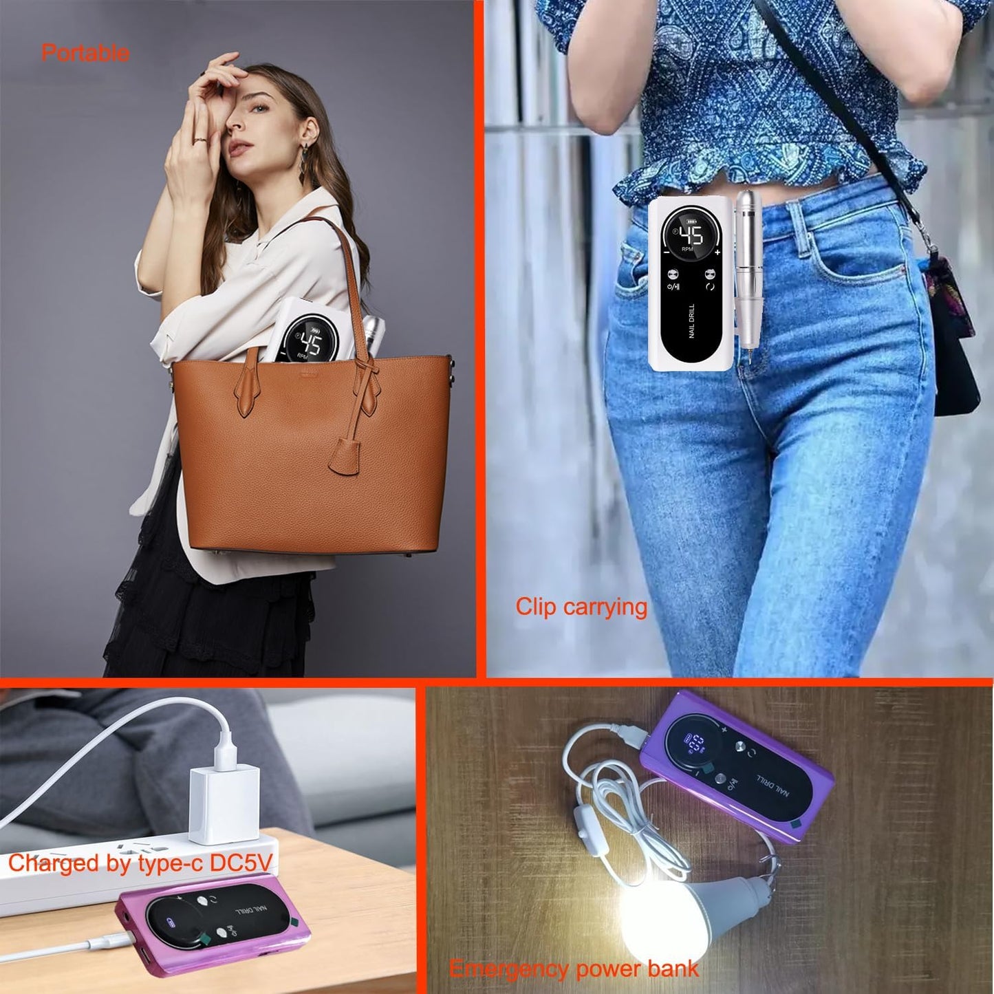 Electric 45000RPM Nail Drill Machine Rechargeable Portable Nail File Electric DIY Nail Drill Kit with Smart LCD Screen for Gel Nail Manicure and Pedicure Reflective Body etc(Multicolor)