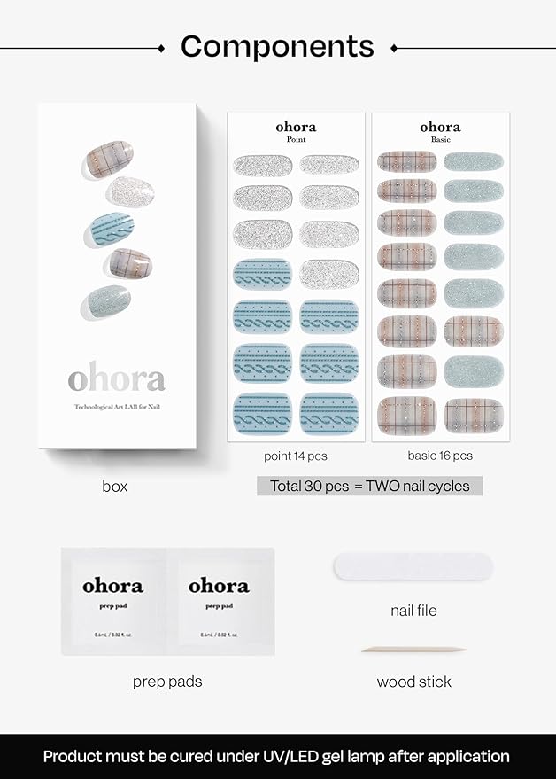 ohora Semi Cured Gel Nail Strips (N Fuzzy Sweater) - Blue & Gray, Works with Any UV/LED Lamps, Salon-Quality, Long Lasting, Easy to Apply & Remove - Includes 2 Prep Pads, Nail File & Wooden Stick