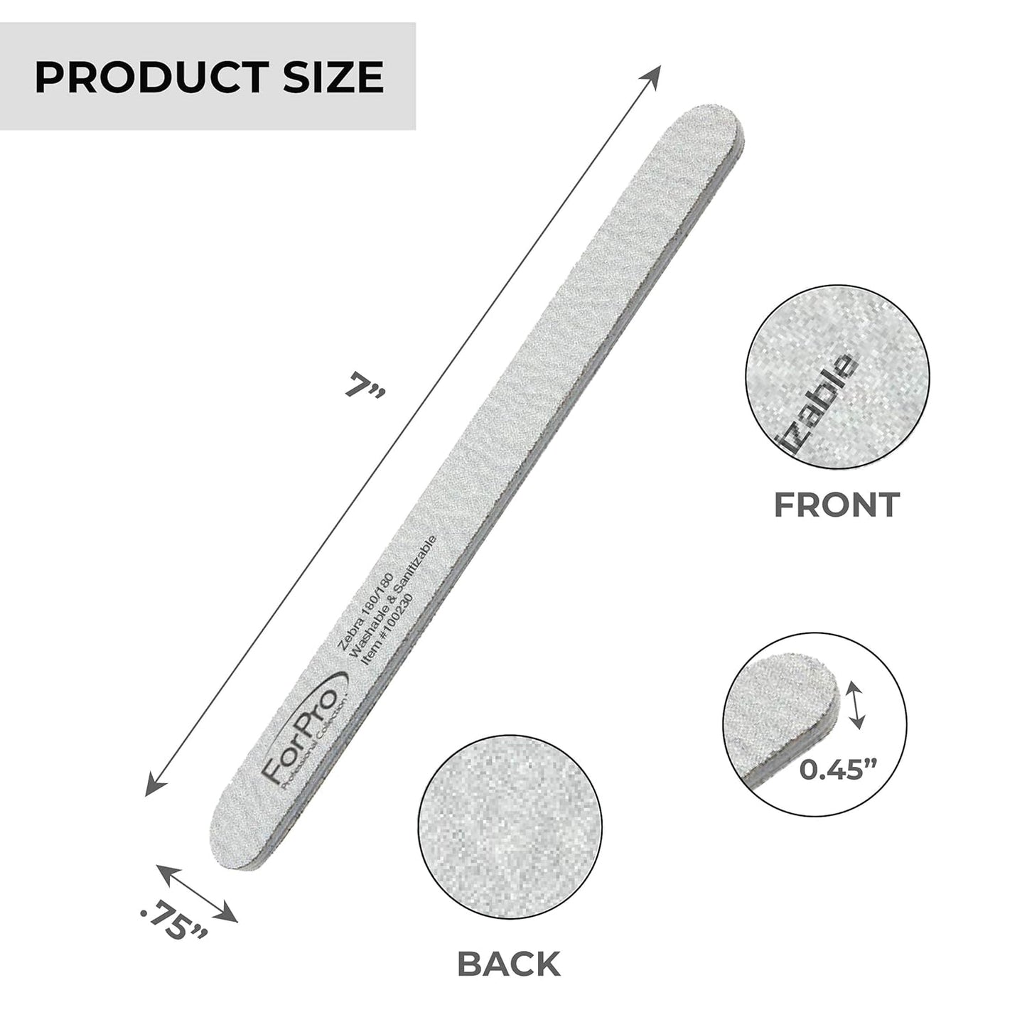 ForPro Professional Collection Zebra Foam Board, 180/180 Grit, Double-Sided Manicure Nail File, 7” L x .75” W, 50-Count
