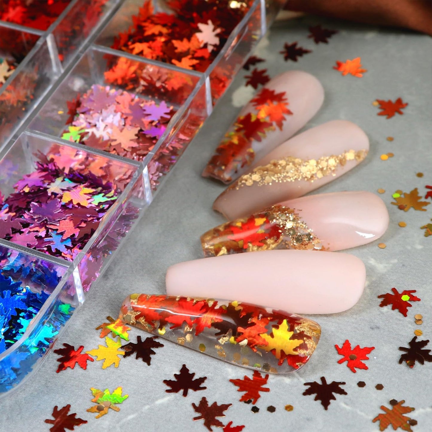 Maple Leaf Glitter Nail Sequins Fall Maple Leaves Glitter for Nails Holographic Laser Fall Nail Art Design Supplies 3D Autumn Glitters Flakes Decor
