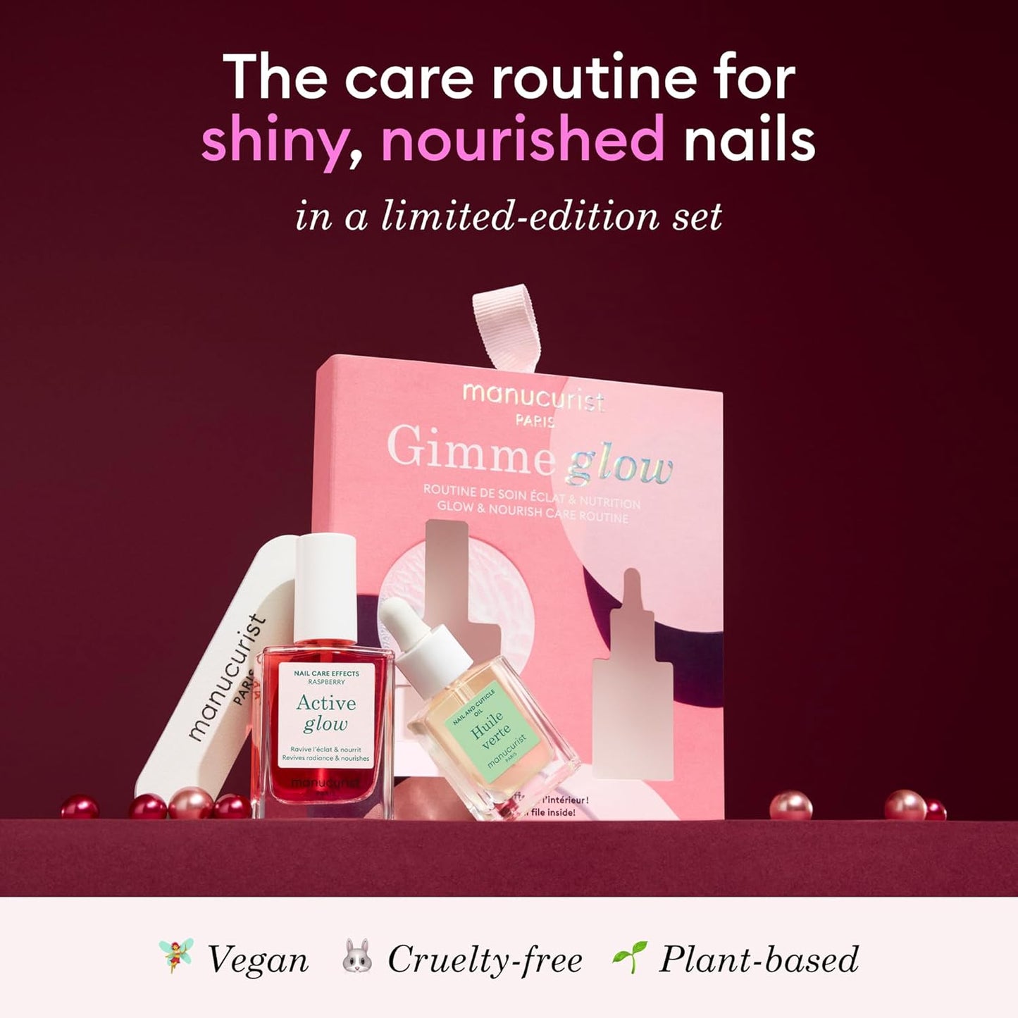 Manucurist Active Glow Raspberry Gift Set + Green Oil – Includes: 1 Care & Makeup Nail Polish, 1 Cuticle Nail Oil, 1 Complimentary Mini Nail File – Christmas Gifts for Women - Gift Box