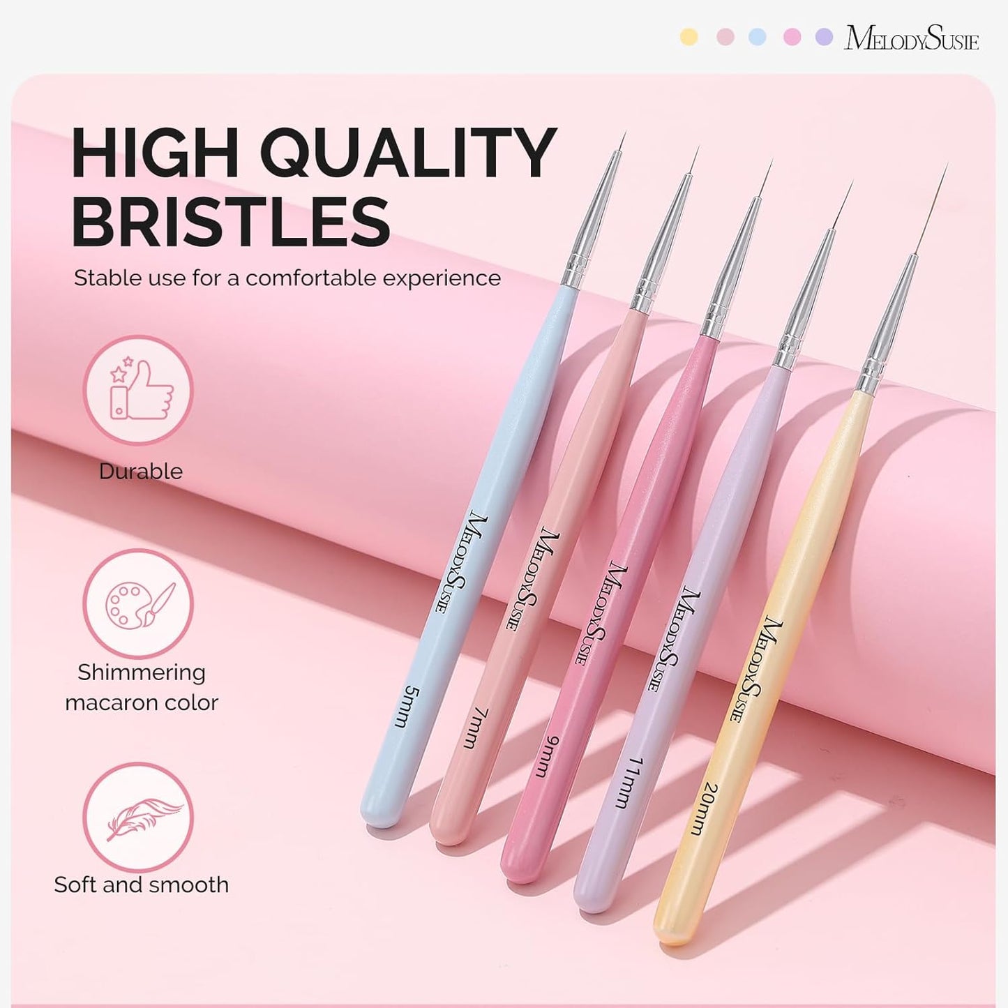 MelodySusie Nail Art Liner Brushes 5Pcs Professional Gel Polish Painting Art Design Pen Set for Thin Long Lines, Tiny Details, Fine Drawing, Delicate Coloring Sizes 5/7/9/11/20mm
