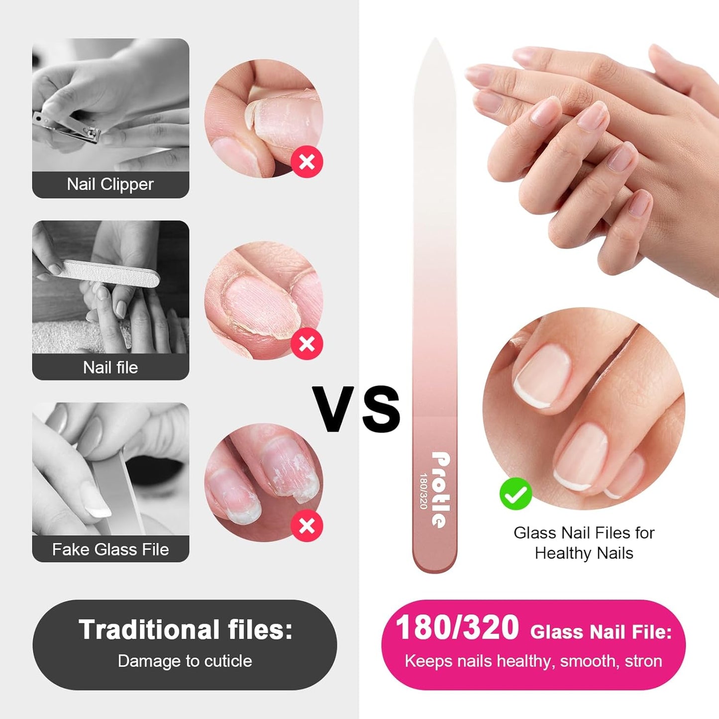 Glass Nail Files for Natural Nails，1pcs Double Sided 180/320 Crystal Nail Filer with Case,Professional Fingernail Files for Women Girls Gifts (Rose Gold)