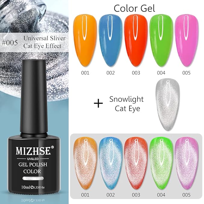 MIZHSE 10ml*6 Colors Cat Eye Gel Nail Polish, Crystal Magnetic Gel Polish Glitter Pink Gold Sparkle Gel Polish Set with Universal Sliver Cat Eye Gel, 2 Magnet Sticks, Summer Nail Art, Lady Gift Set