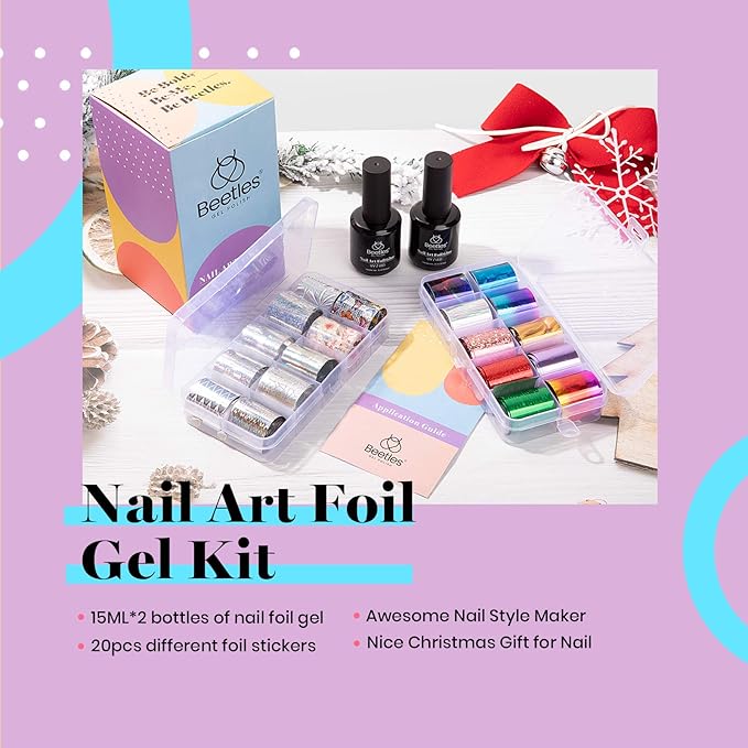 Beetles Nail Foil Glue Gel 2 Bottles 15ML with 20PCS Flower Butterfly and Metal Foil Stickers Set Nail Transfer Glues Manicure Art DIY Nail, LED Lamp Required Soak Off