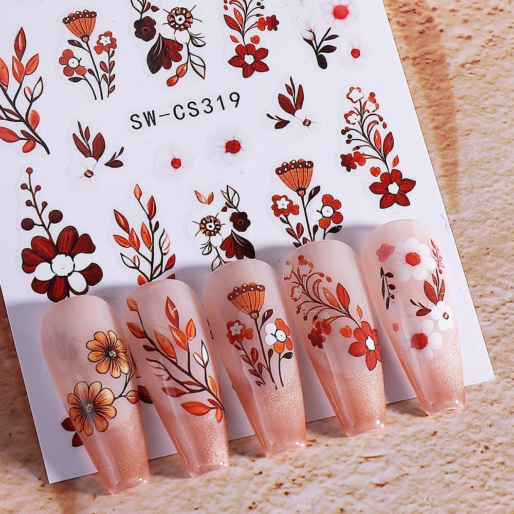 Fall Flower Nail Art Stickers Decals 3D Self-Adhesive Flower Nail Decals Nail Art Supplies 6PCS Brown Flowers Leaf Fall Winter Nails Design Manicure Sliders Accessories for Women DIY Nail Decorations