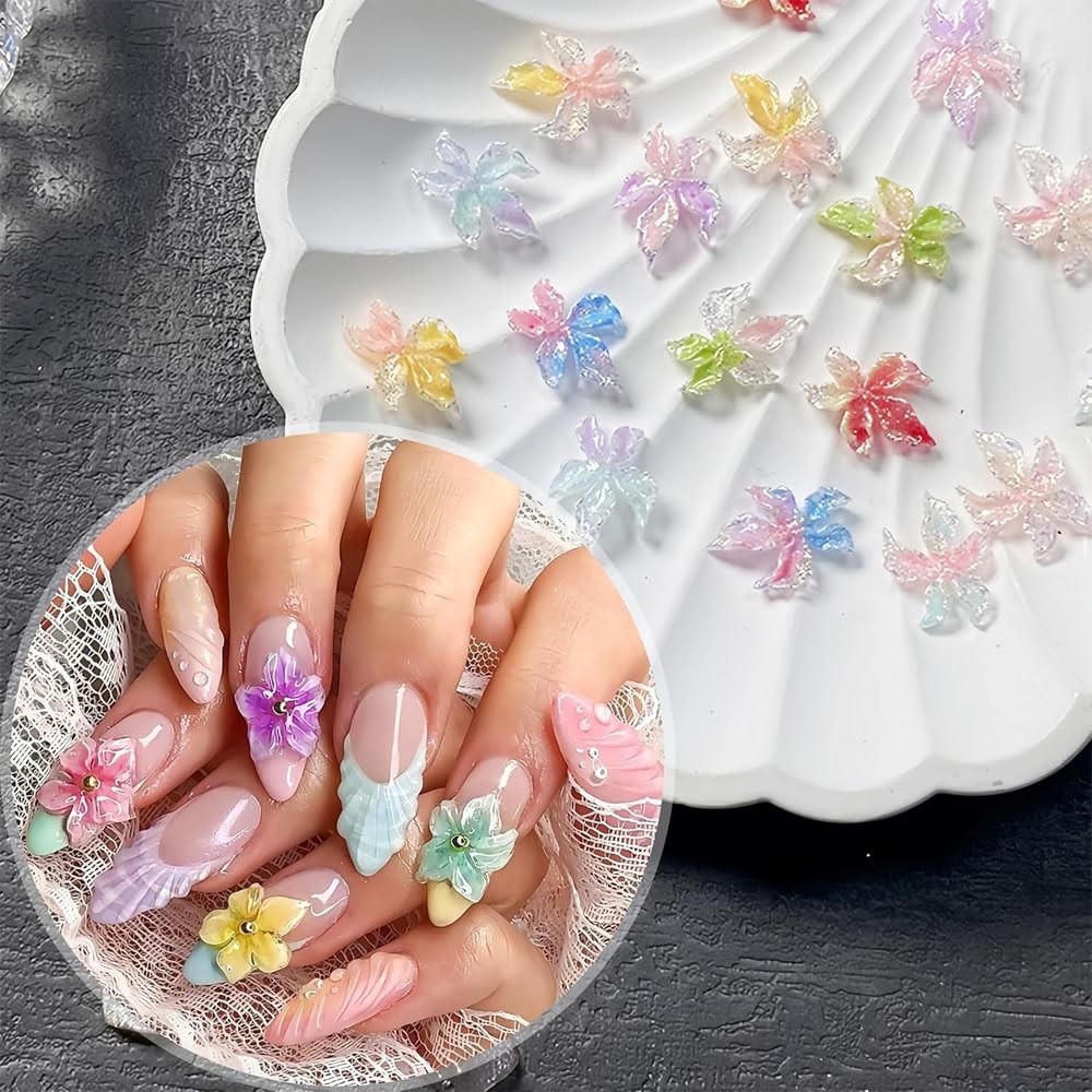 3D Crystal Flower Nail Charms, 100 Pieces Mixed Color Spring Floral Rhinestones, Hawaii Style Nail Art Decorations with Golden Beads