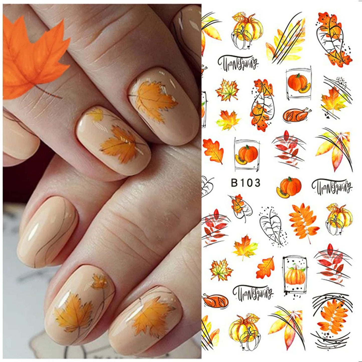 Fall Nail Art Stickers - 10 Sheets Maple Leaf Nail Art Supplies - 3D Self-Adhesive Nail Decals Autumn Thanksgiving Maple Leaves Pumpkin Turkey Nail Sticker for Women Manicure Decoration