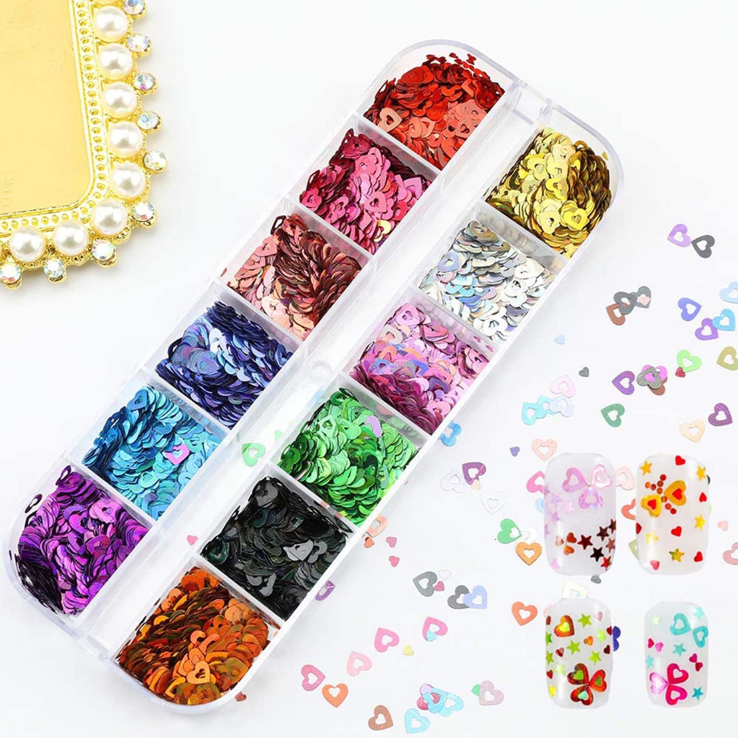 Heart Nail Art Glitter Sequins, 3D Love Heart Nail Flakes Design, Holographic Laser Big Small Hearts Nail Art Supplies for Women Girls Manicure Sparkle Decorations, DIY Body Makeup Kit(2 Boxes)