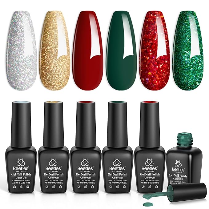 Beetles Christmas Gel Nail Polish, Red Sparkle Green Glitter Gold Silver Winter Gel Polish Dark Red Gel Polish Kits Soak Off Nail Lamp Uv LED Cured for Nail Art Design Gift for Women
